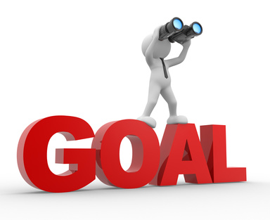 Man, person with a binocular on top of a word "goal".